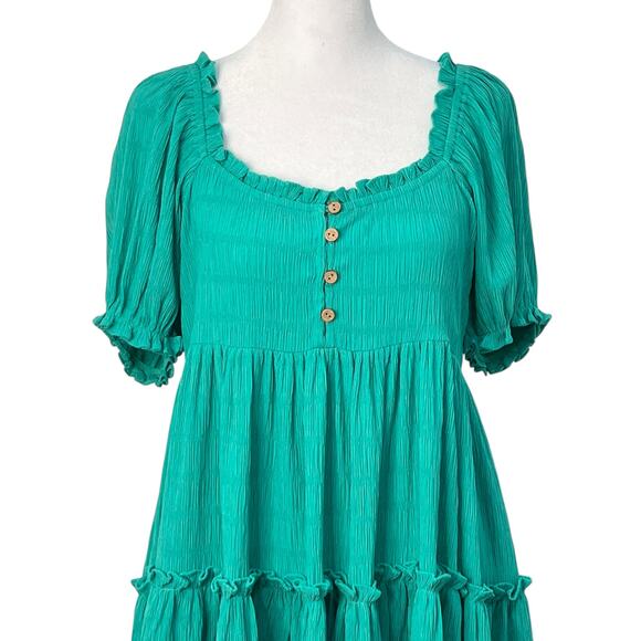 Easel Puff Sleeve Tiered Mini Babydoll Dress Green Small Flowy Romantic Boho NWT - Picture 11 of 13